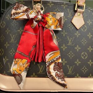 Purse scarf bow charm , gold hardware easy clip on bag red ivory gold colors